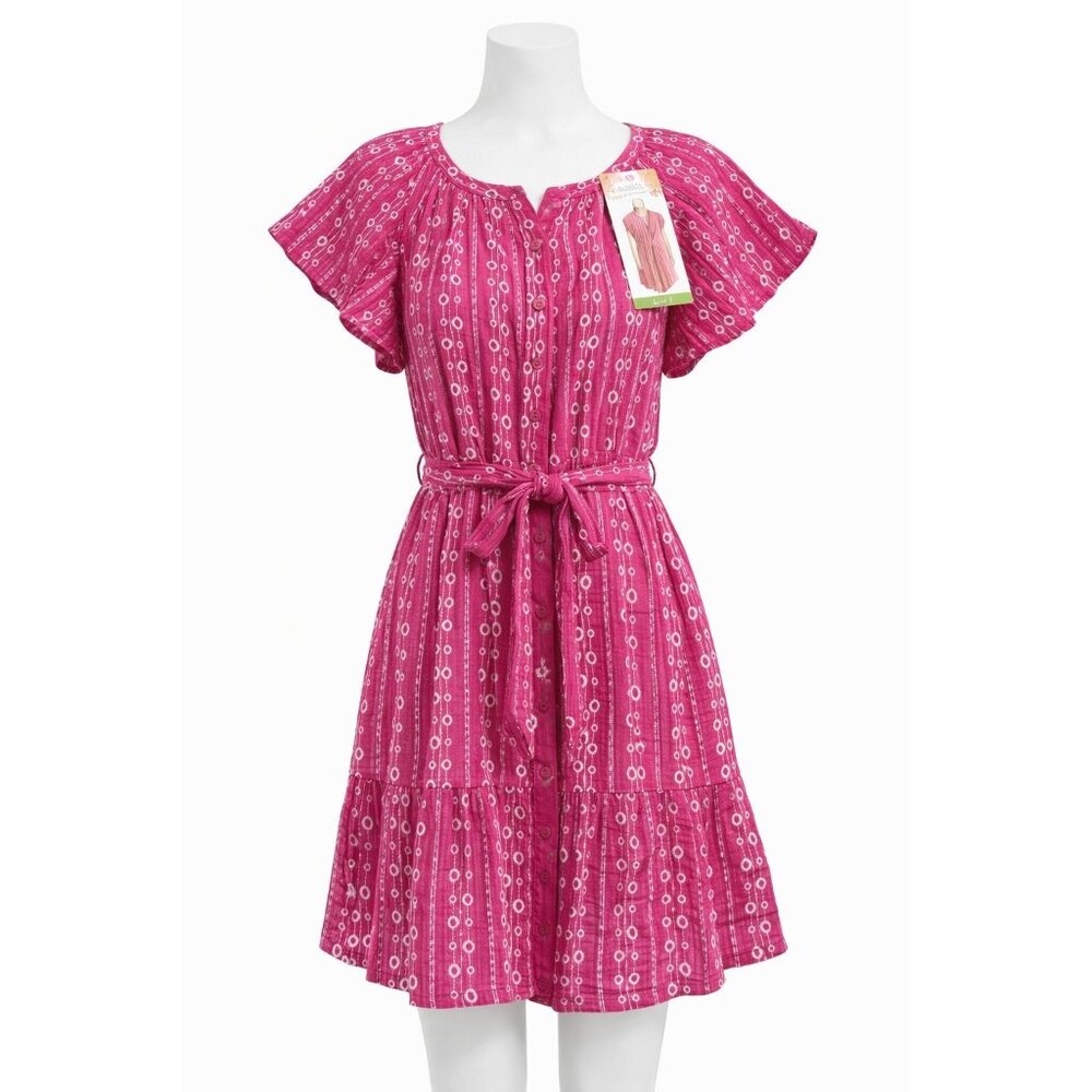 Coastal Comfort Pink Cotton Gauze‎ Embroidered Belted Dress Flutter Sleeve L